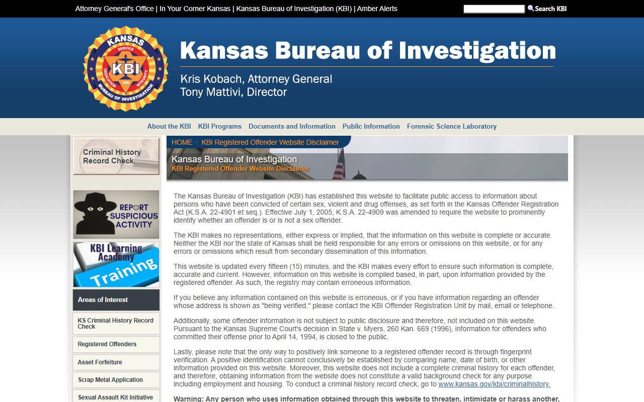 Lane County inmate search KBI registered offender distinction