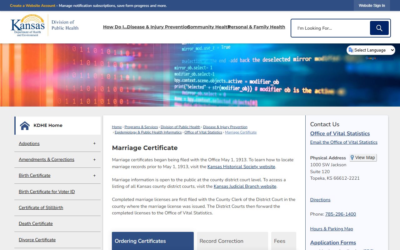 Lane County marriage and divorce records KDHE marriage certificate page