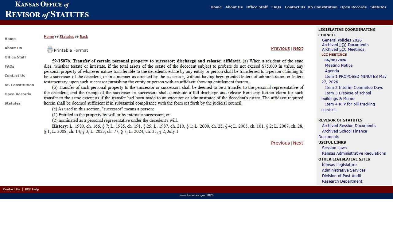 Lane County probate records Kansas small estates affidavit statute